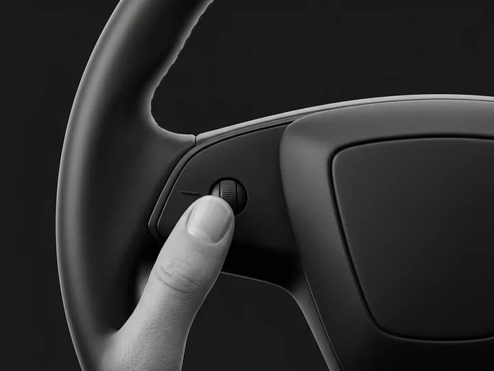 Un pouce appuie sur la molette gauche du volant Tesla